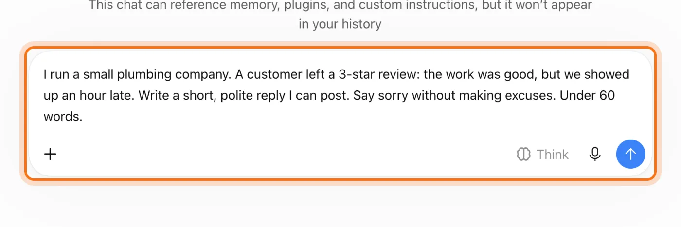The ChatGPT message box with a request about a customer review typed in.
