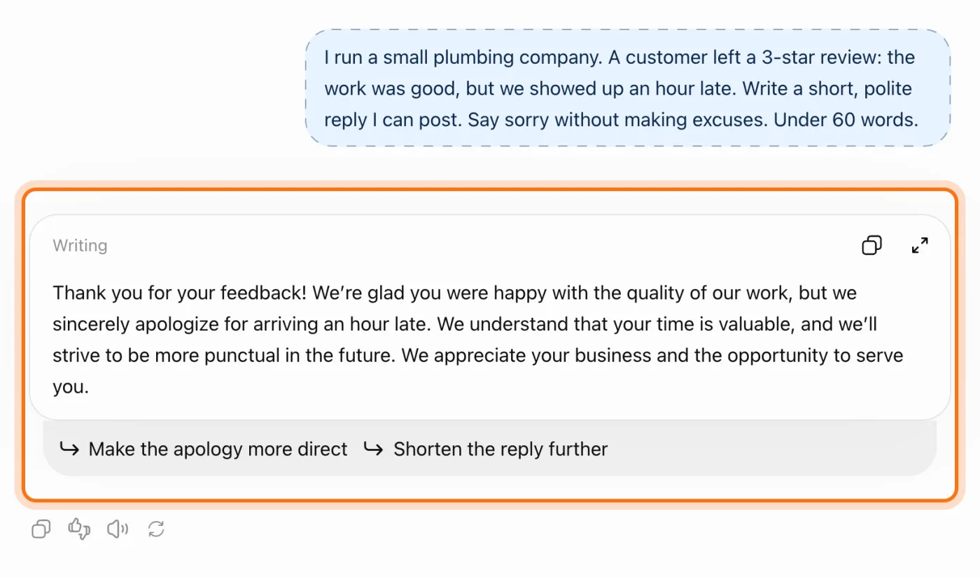 ChatGPT's answer, a short and polite reply to the review.