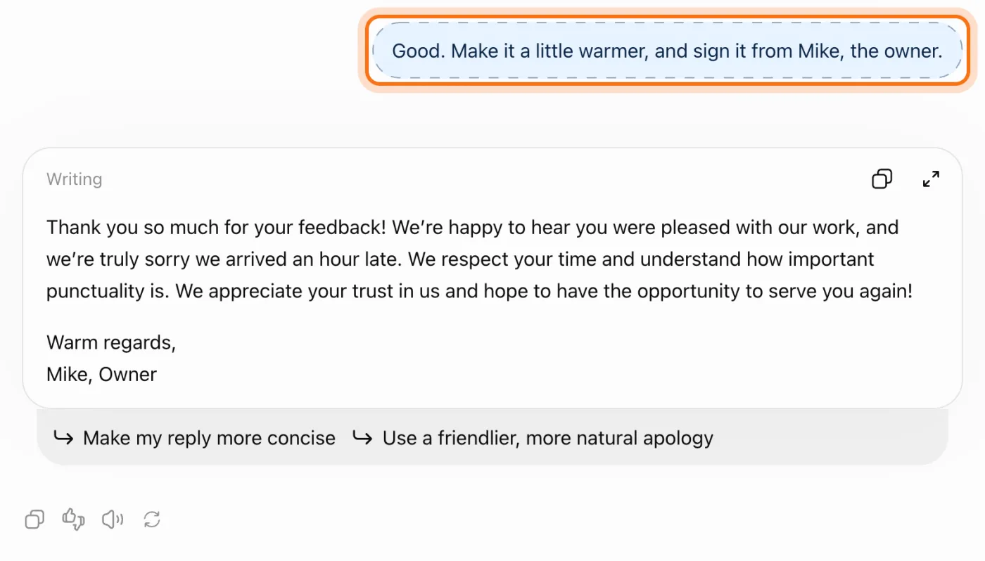 A follow-up message asking for a warmer reply signed by the owner, and the new version below it.