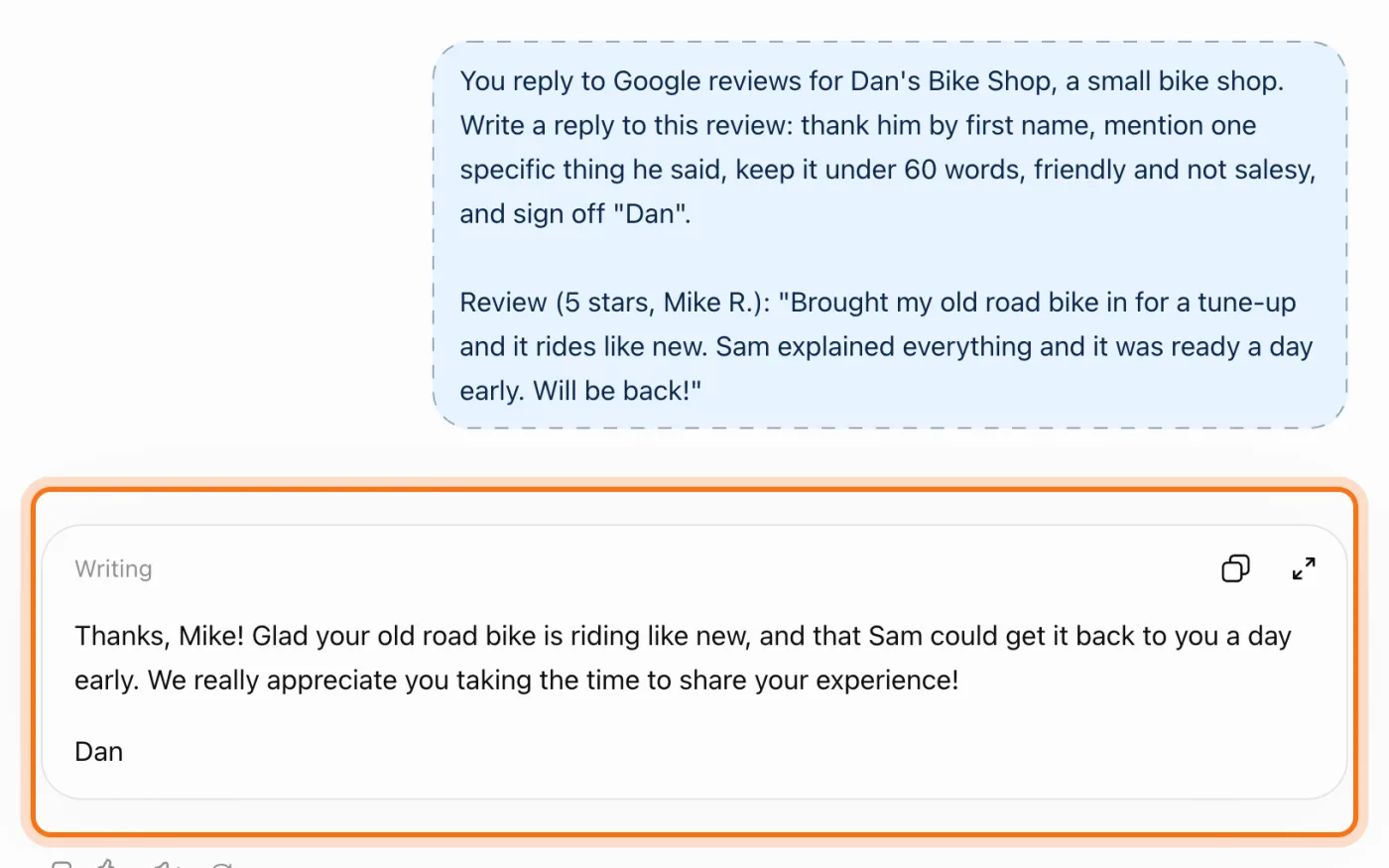 The request and ChatGPT's reply, marked: "Thanks, Mike!", the bike riding like new, Sam getting it back a day early, signed Dan.