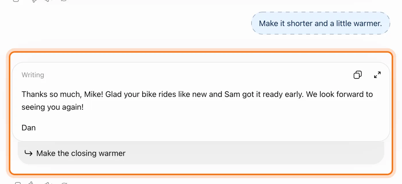 "Make it shorter and a little warmer." and the shorter reply, marked, with the suggestion "Make the closing warmer" under it.