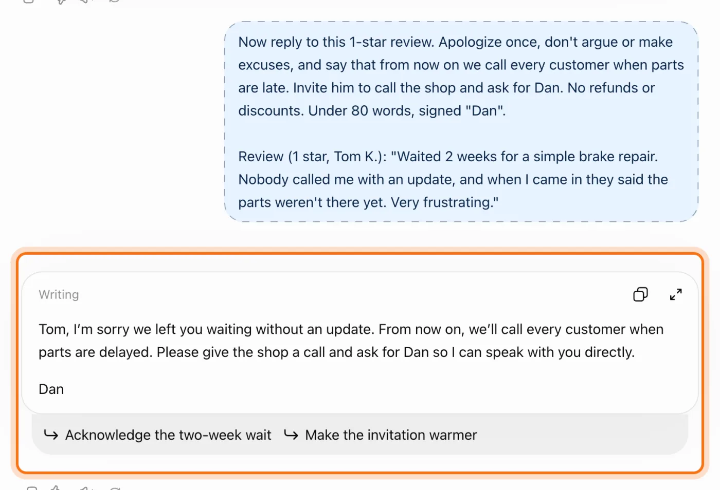 The 1-star review from Tom K. and ChatGPT's reply, marked: one apology, a call to every customer when parts are late, and an invitation to call Dan.