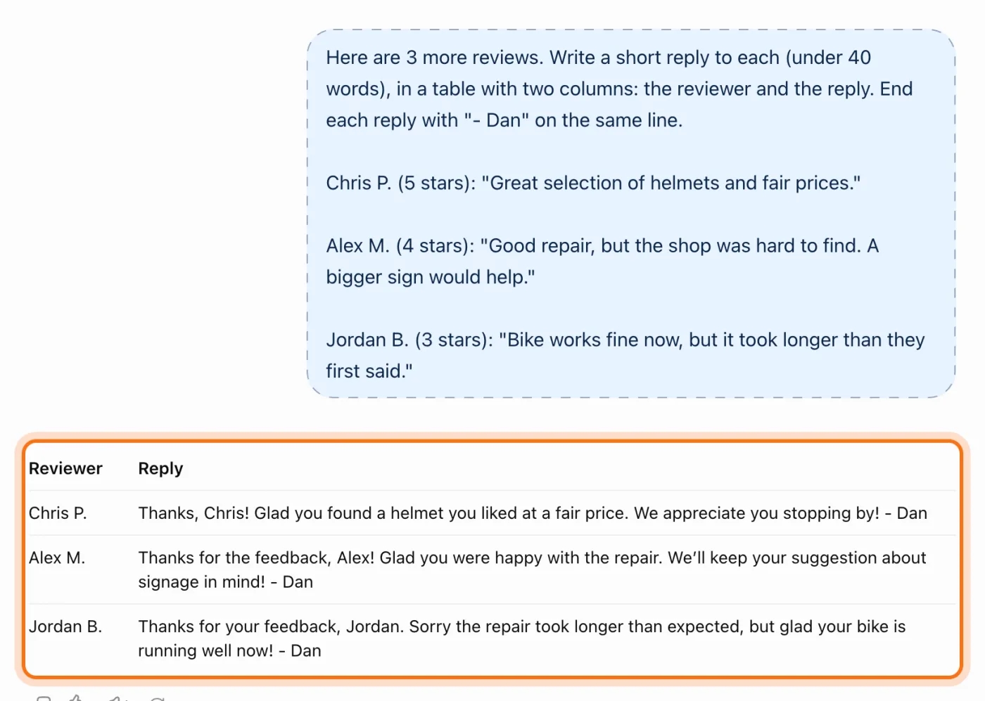 Three more reviews pasted together and ChatGPT's table, marked: Chris P., Alex M. and Jordan B., each with a short reply signed Dan.