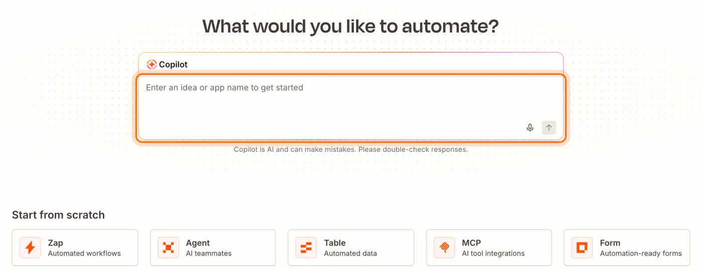 The Zapier home page, with the Copilot box under "What would you like to automate?" marked.