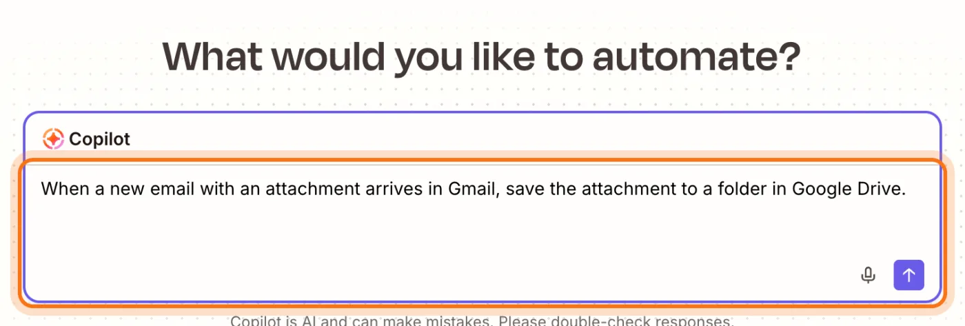 The Zapier Copilot box with the Gmail-to-Google Drive request typed in, marked.