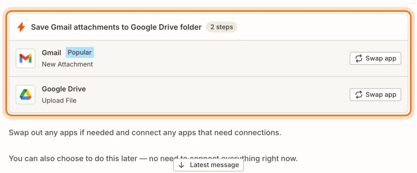 Copilot's draft "Save Gmail attachments to Google Drive folder", 2 steps: Gmail New Attachment and Google Drive Upload File, marked.
