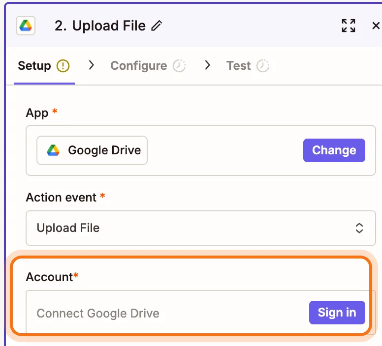 The Upload File step open: App Google Drive, Action event Upload File, and Account with its Sign in button, marked.
