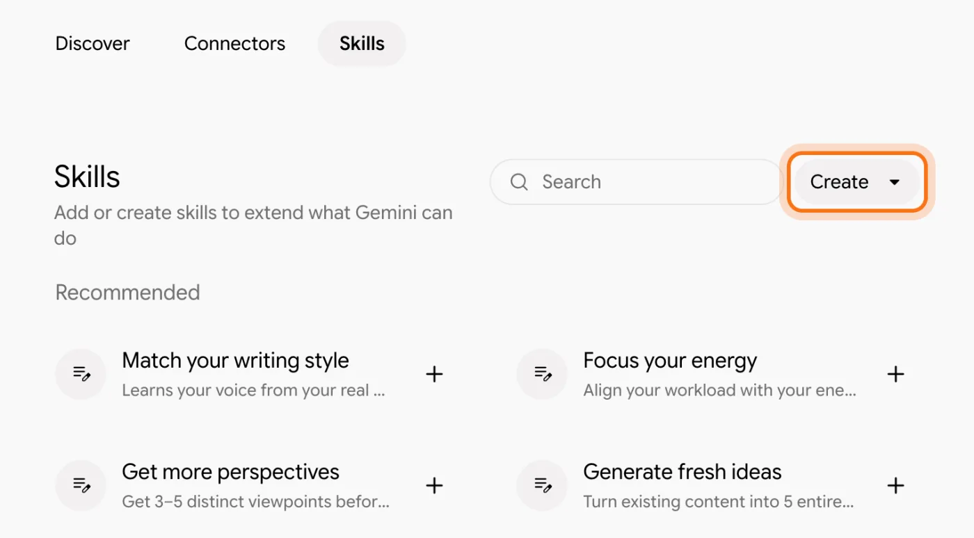 Gemini's Skills page with the Recommended skills and the Create button marked.