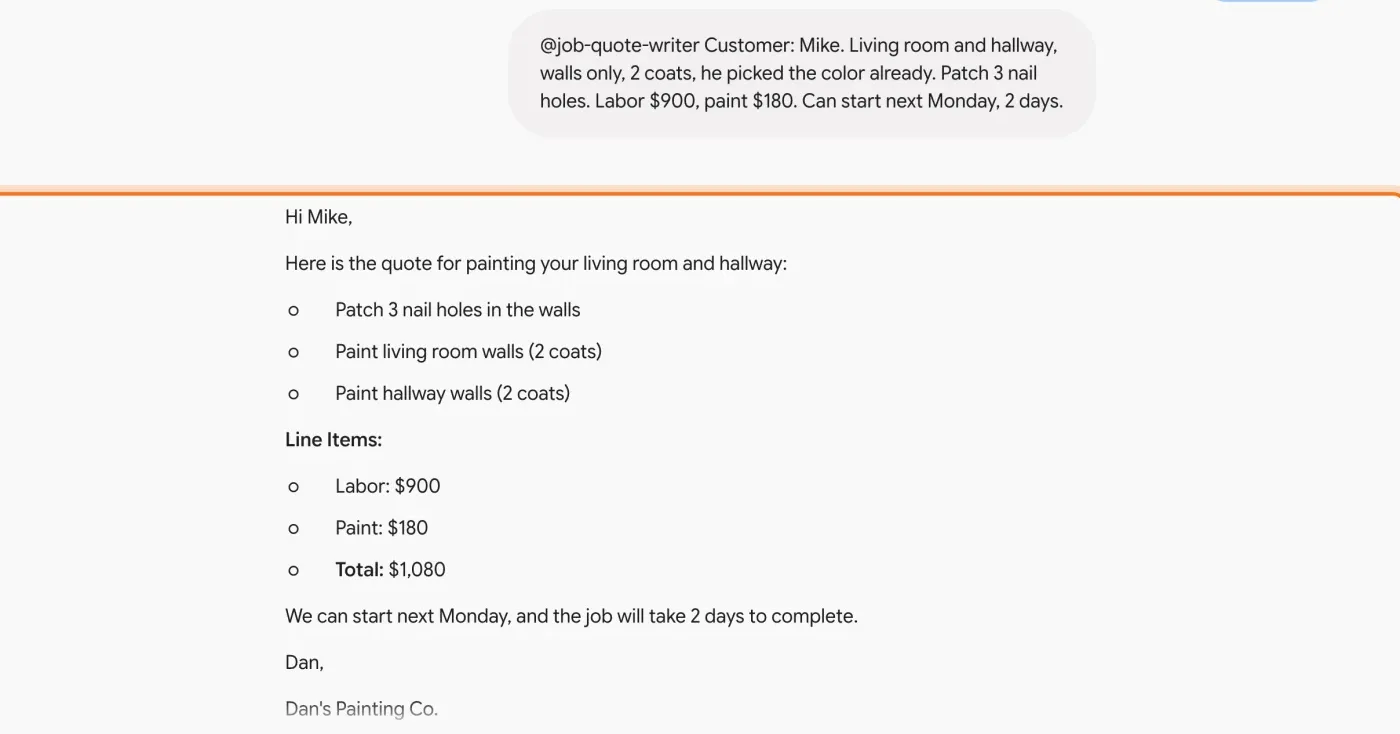 The request with the skill and the job notes, and Gemini's quote with the work, the line items, the total and Dan's sign-off, marked.