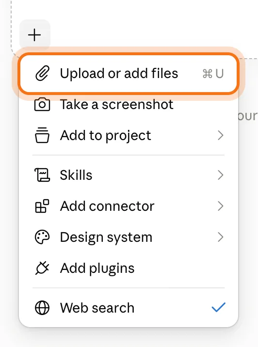 Claude's + menu open under the message box, with "Upload or add files" marked.
