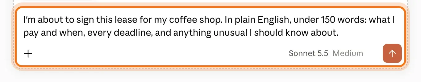 The Claude message box with a question about the lease typed in.