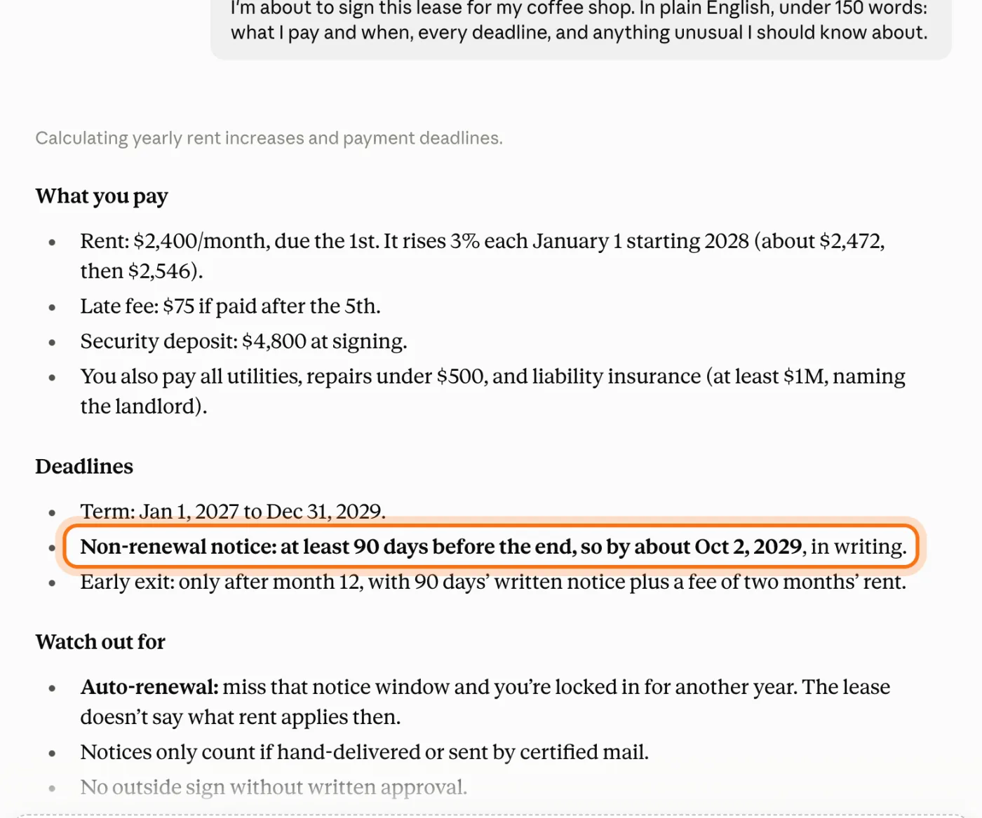 Claude's answer about the lease: the rent, the deadlines and an automatic renewal clause, with the renewal point marked.