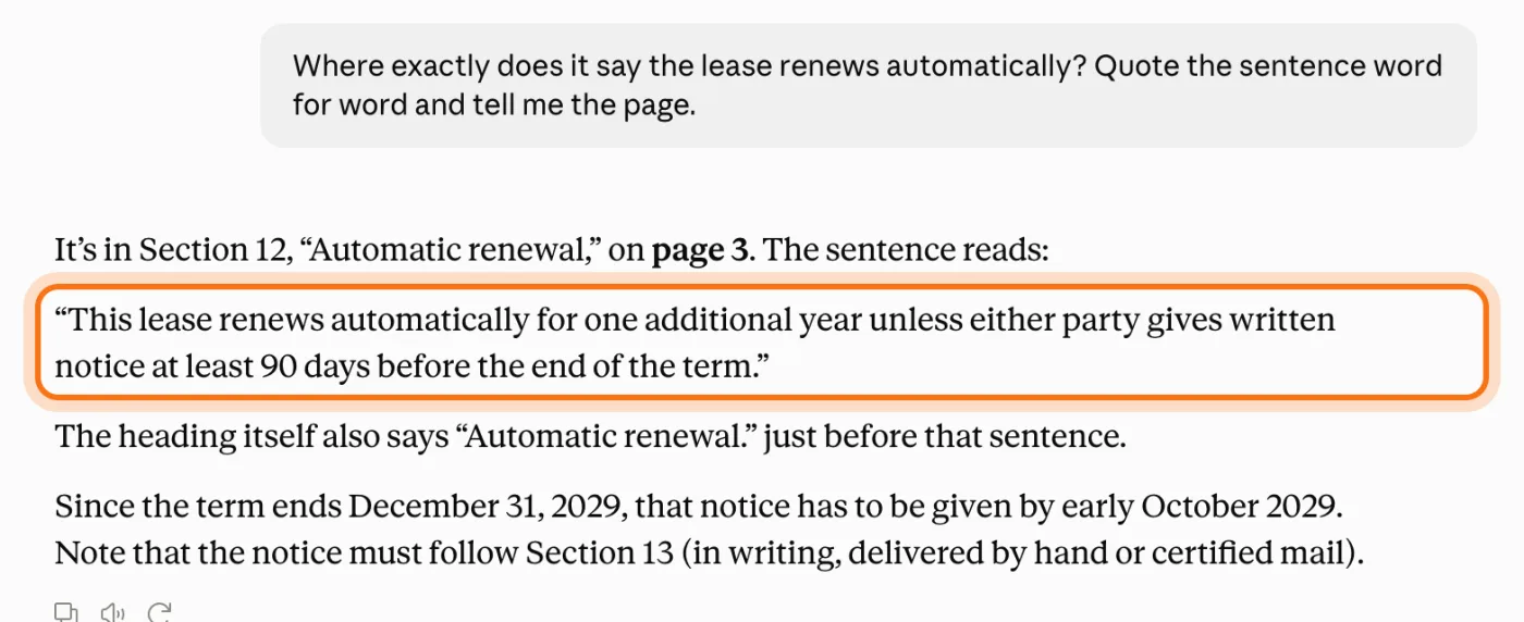 A follow-up question and Claude's answer quoting the automatic renewal sentence from page 3, with the quote marked.