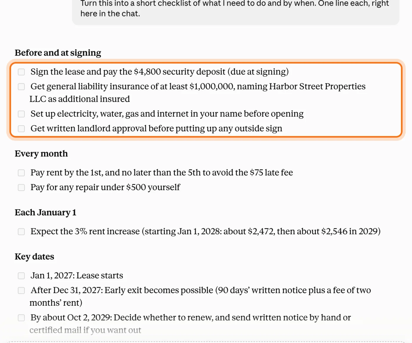 A short checklist with dates from the lease in Claude's answer, marked.
