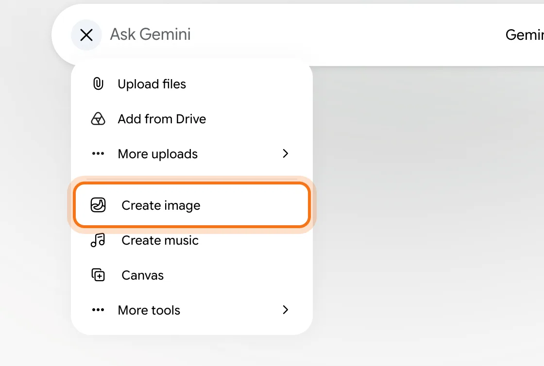 Gemini's + menu open, with "Create image" marked.