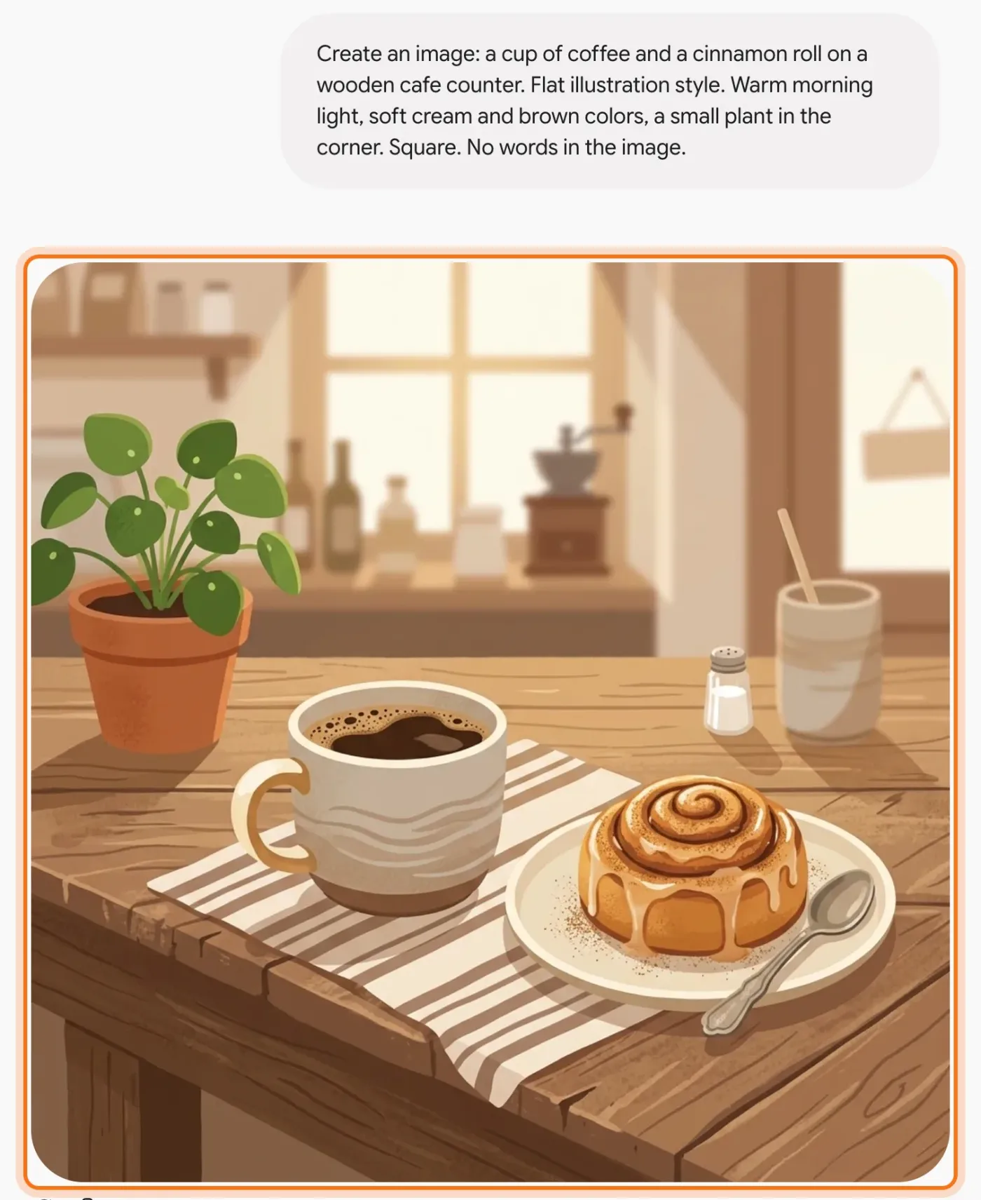 Gemini's picture of a coffee cup and a cinnamon roll on a wooden counter, marked.