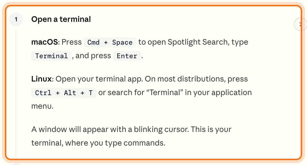 Anthropic's step "Open a terminal", with the keys for macOS and Linux, marked.
