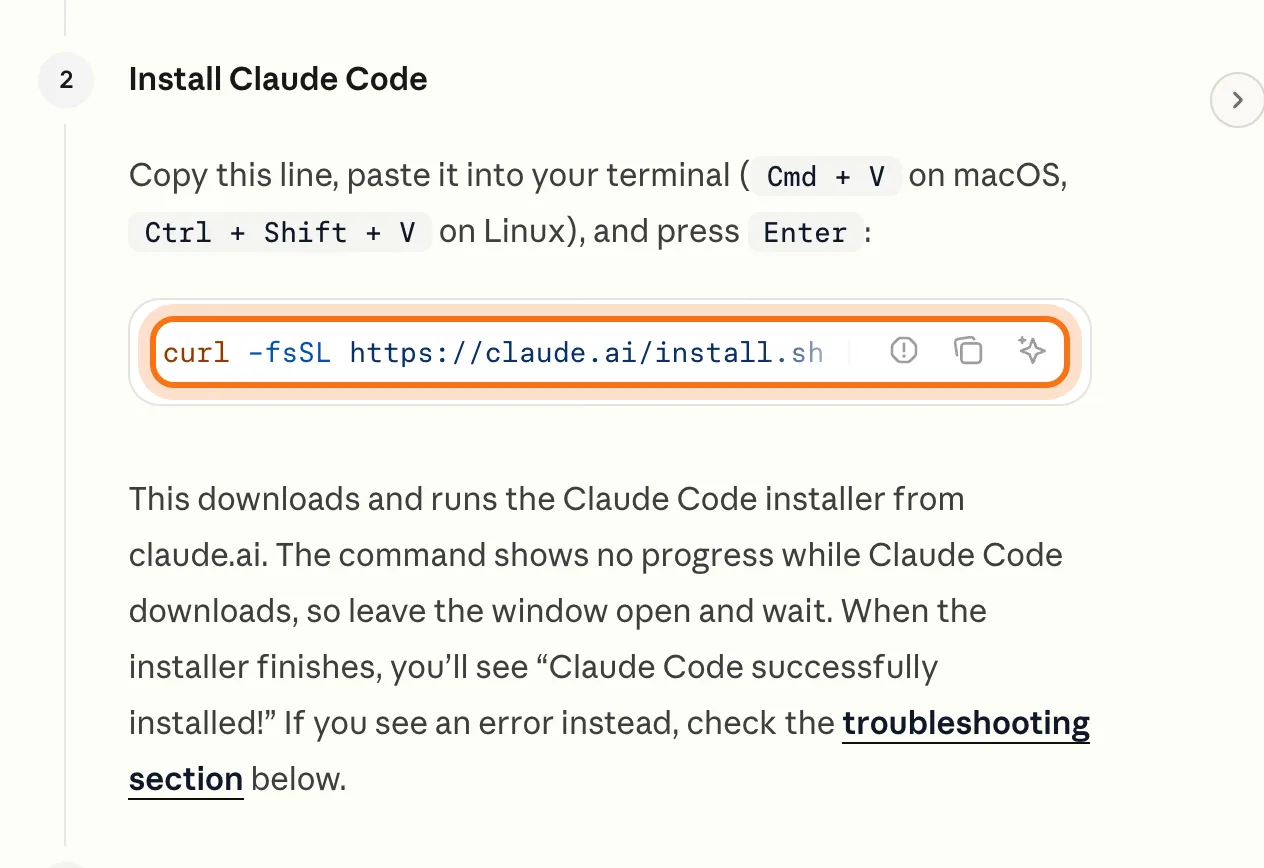 Anthropic's step "Install Claude Code", with the install line marked.
