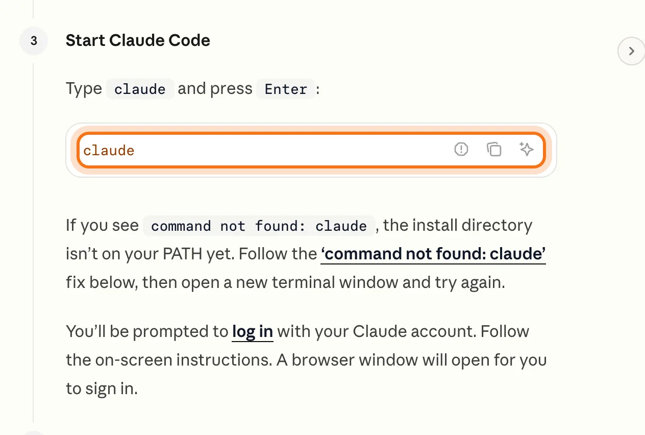 Anthropic's step "Start Claude Code", with the command claude marked.