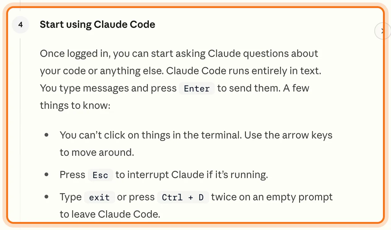 Anthropic's step "Start using Claude Code", with the keys to know, marked.
