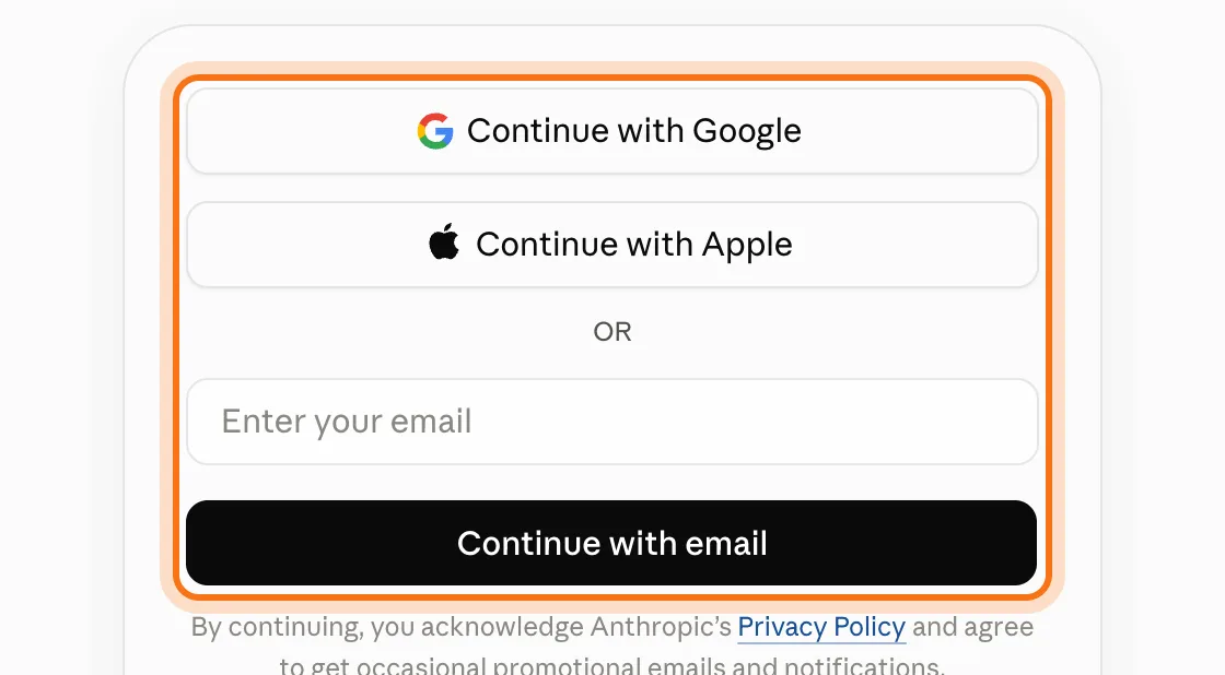 The claude.ai sign-in box, with the sign-in buttons marked.