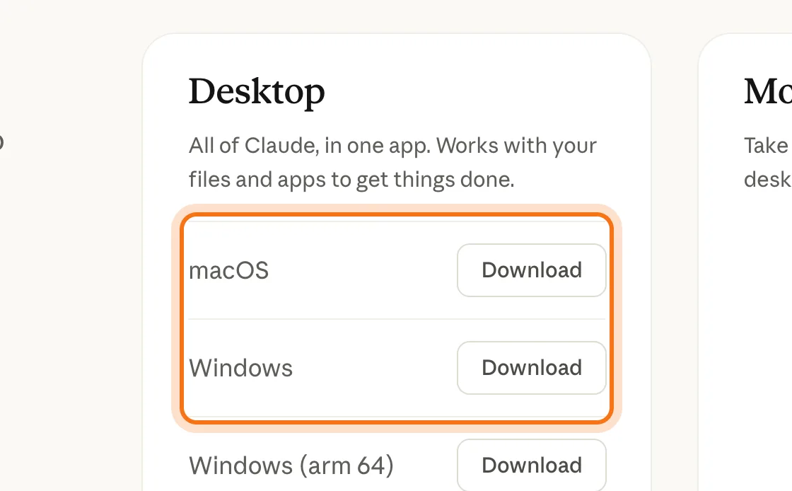 The Desktop downloads on claude.com/download, with the macOS and Windows rows marked.