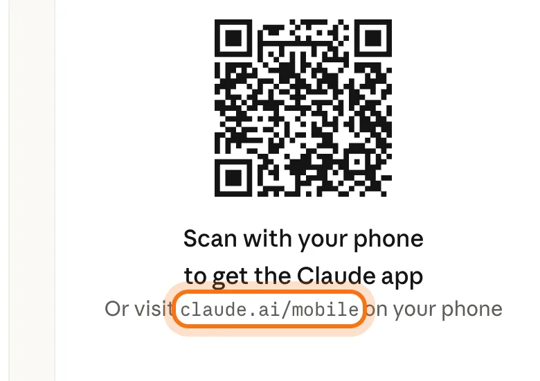 The code to scan on claude.com/download, with the claude.ai/mobile address marked.