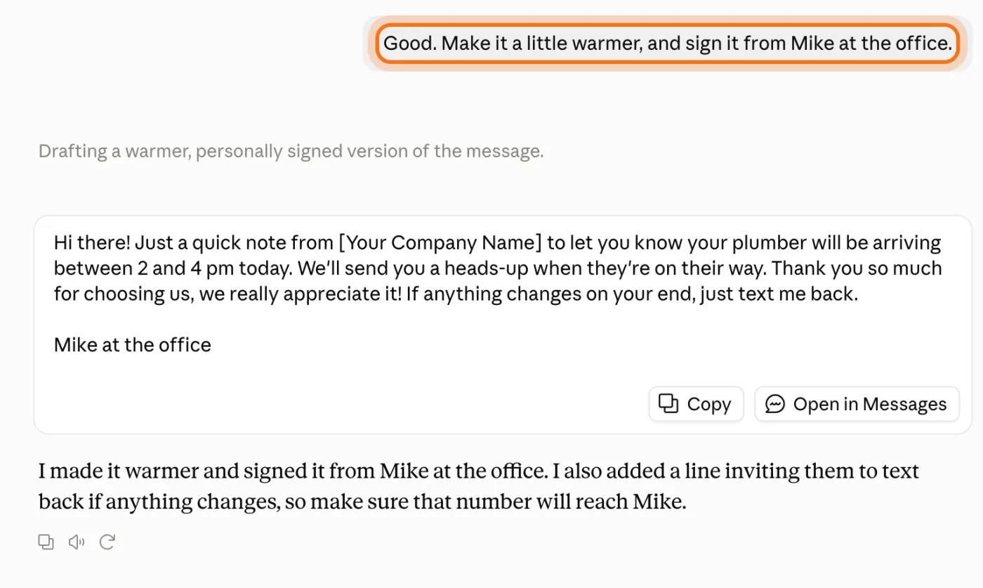 A follow-up asking for a warmer message signed by Mike, and the new version.