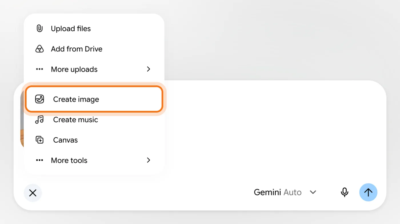 Gemini's + menu with "Create image" marked, and the uploaded photo in the message box behind it.