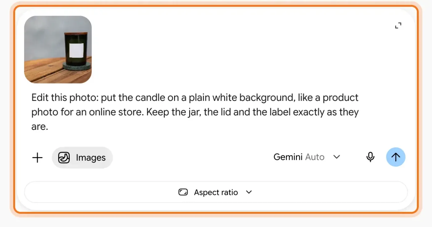 The Gemini message box with the candle photo attached, the "Images" label and the edit request typed, marked.