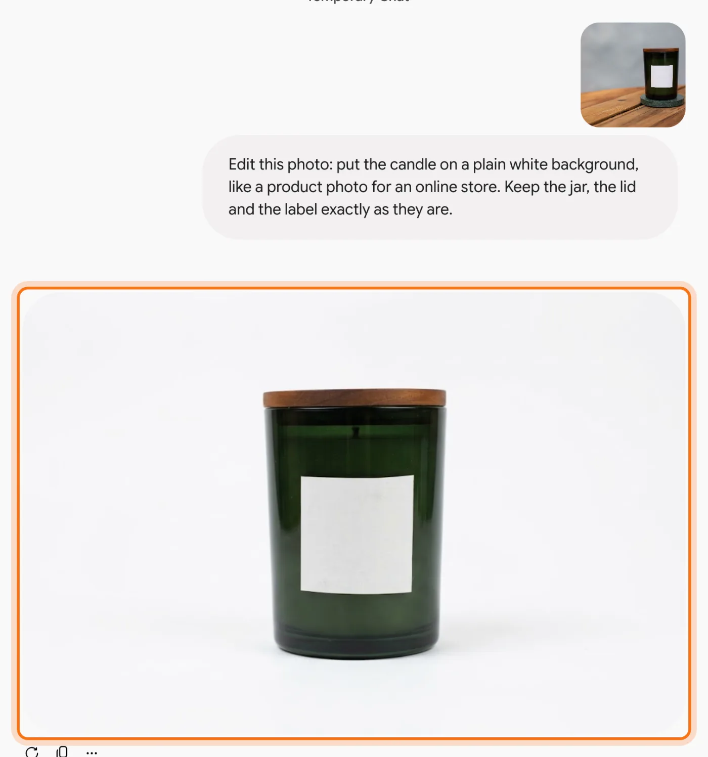 The original candle photo and the request, and Gemini's edited version on a white background, marked.
