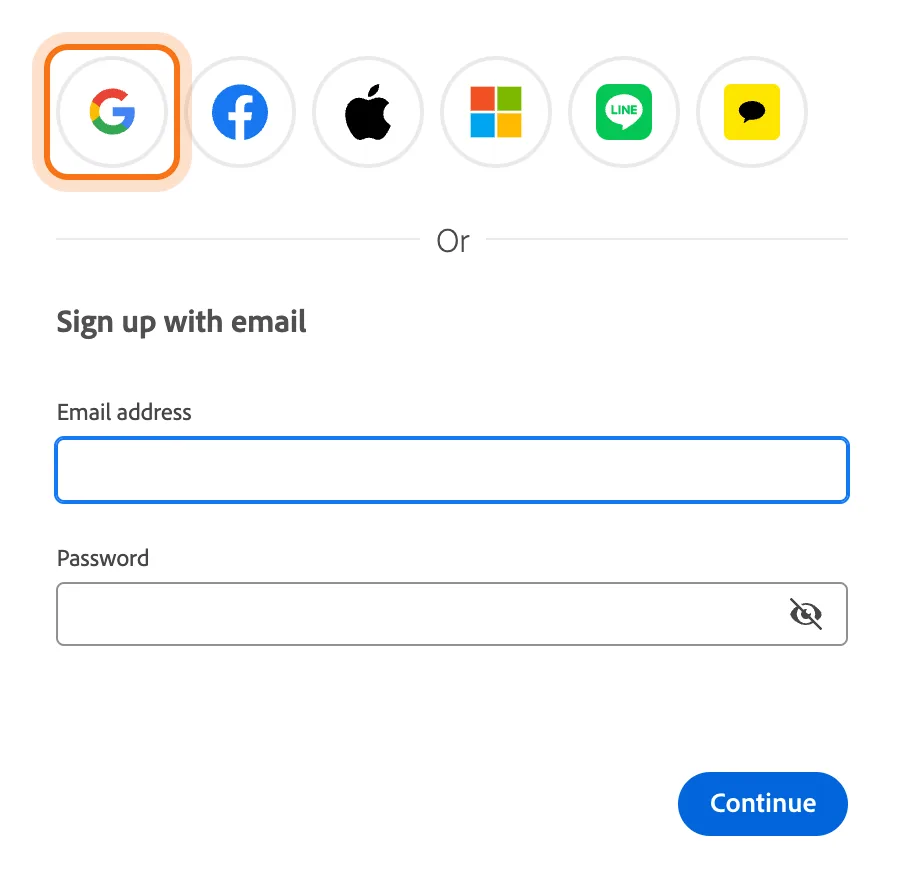 Adobe's sign-up page: round buttons for Google (marked), Facebook, Apple, Microsoft, LINE and Kakao, then Or, Sign up with email, Email address, Password and Continue.