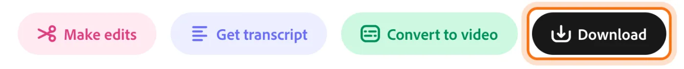The buttons at the bottom of the page: Make edits, Get transcript, Convert to video, and Download (marked).