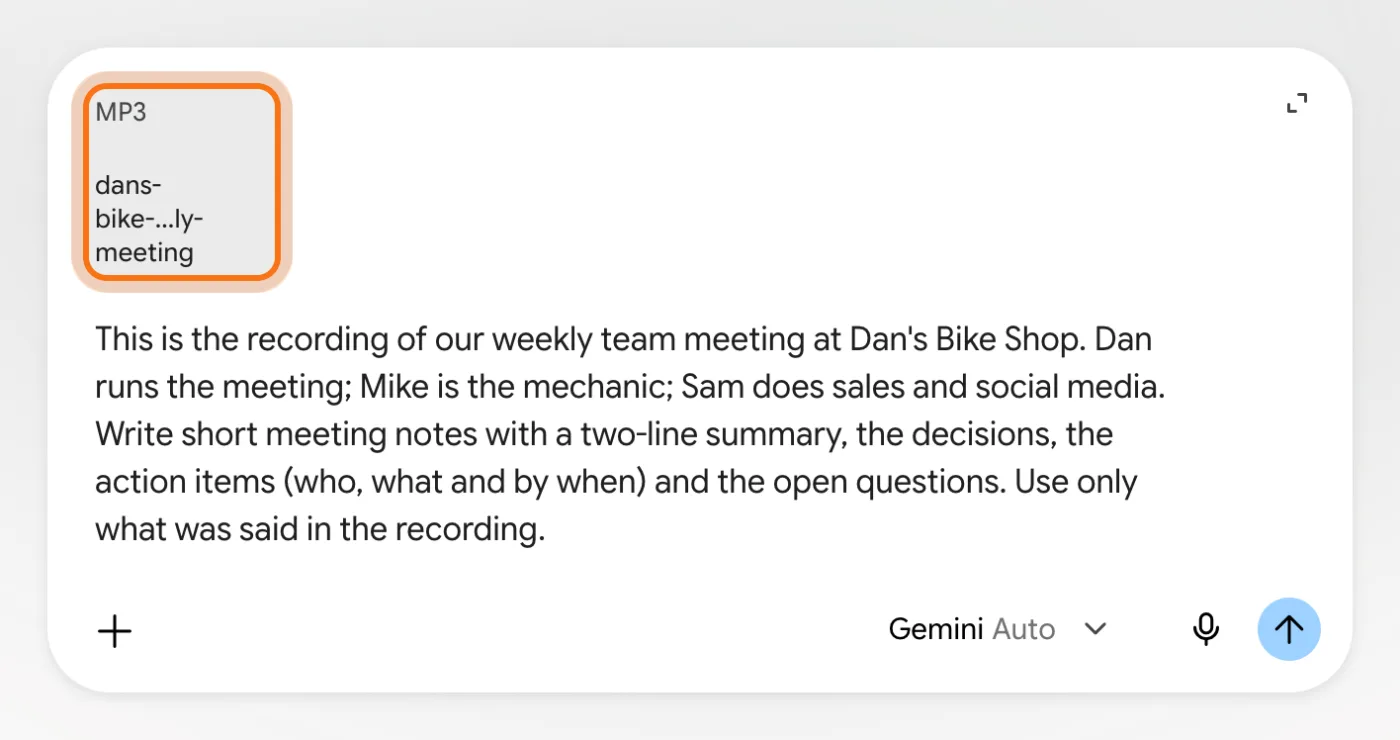 The message box with the MP3 card marked and the request for meeting notes typed below it.