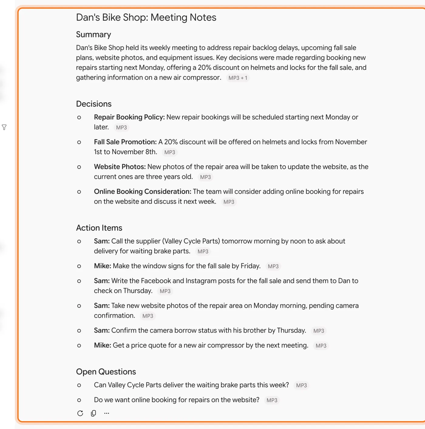 Gemini's meeting notes for the bike shop, marked: a summary, Decisions, Action Items with Sam and Mike and their days, and Open Questions.