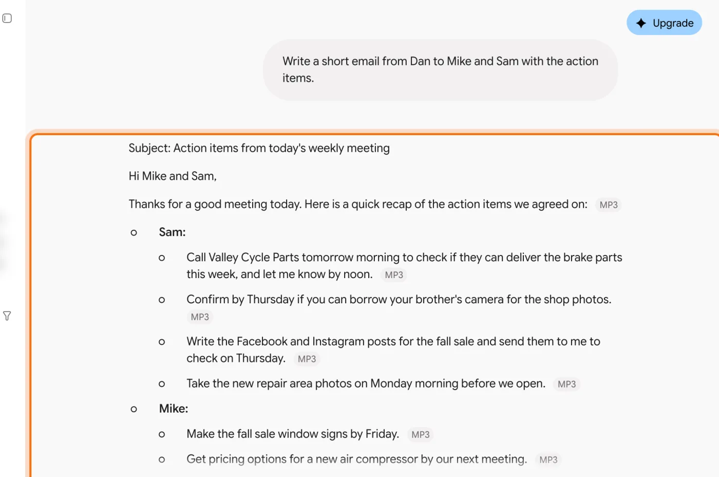 The request for a short email and Gemini's email, marked: a subject line, Sam's four tasks and Mike's two tasks.