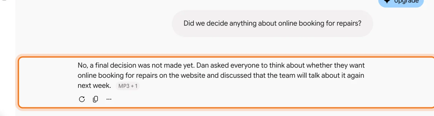 The question about online booking and Gemini's answer, marked: no final decision, the team will talk about it next week.
