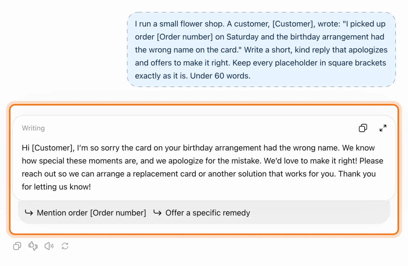 La respuesta de ChatGPT en un bloque "Writing", que empieza con "Hi [Customer]", marcada.