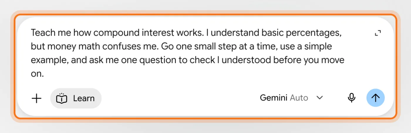 The Gemini box with the "Learn" chip and a request to learn compound interest step by step.