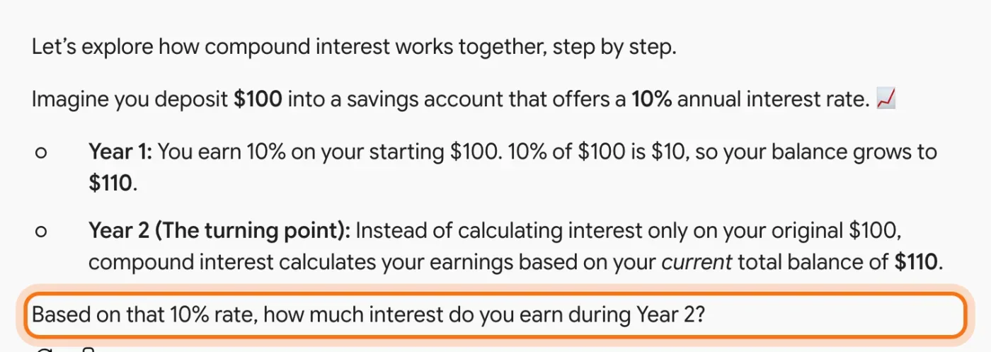 Gemini's first step, with a $100 example, and its check question at the end marked.