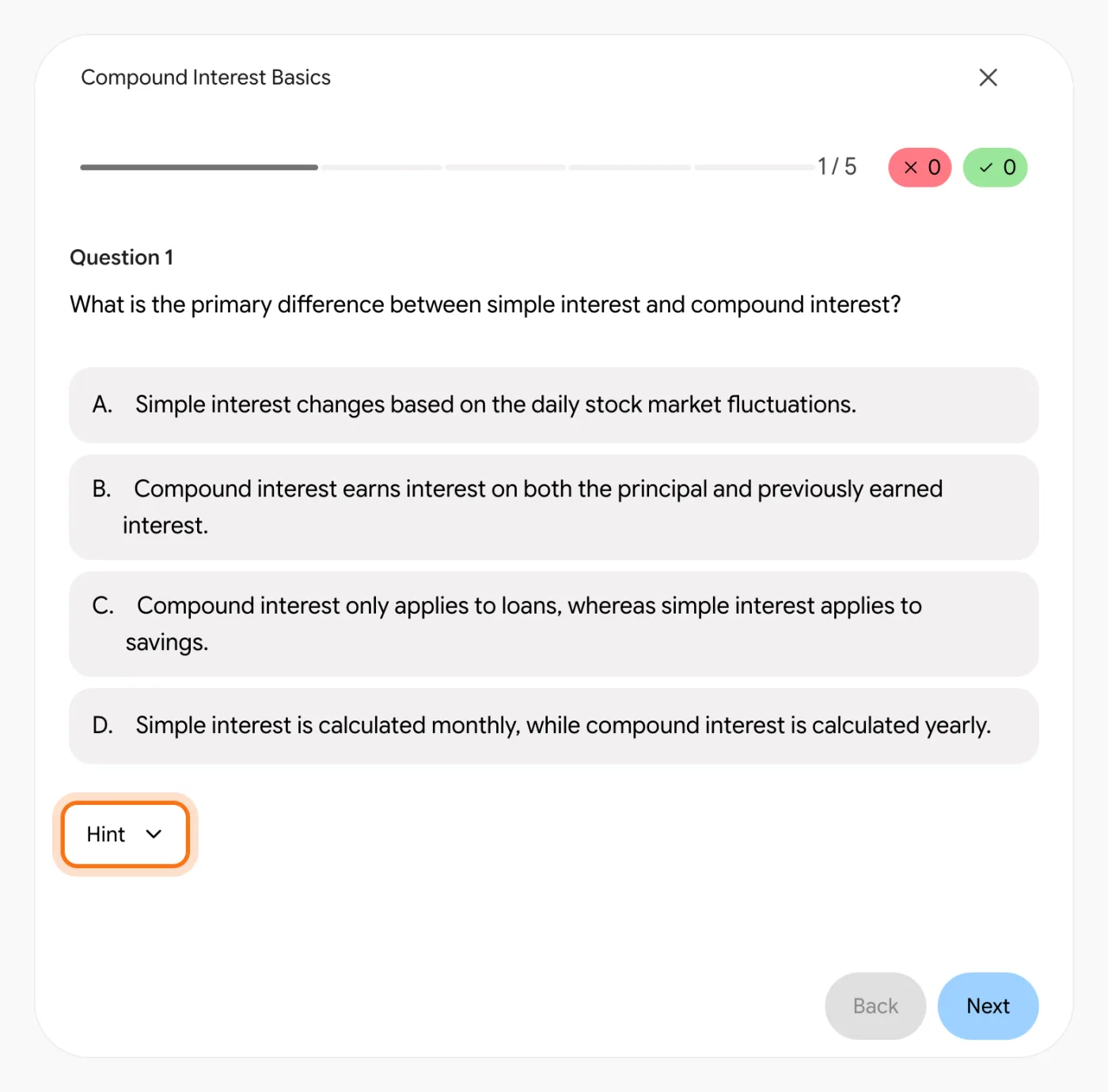 Gemini's interactive quiz on compound interest, question 1 of 5, with the "Hint" button marked.