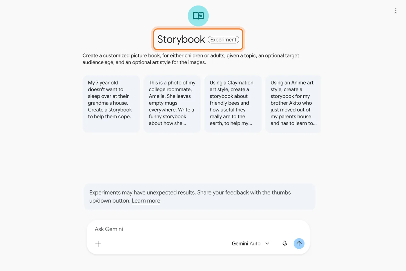 The Storybook page in Gemini: the title Storybook with its Experiment label (marked), the description, four example cards and the Ask Gemini box.