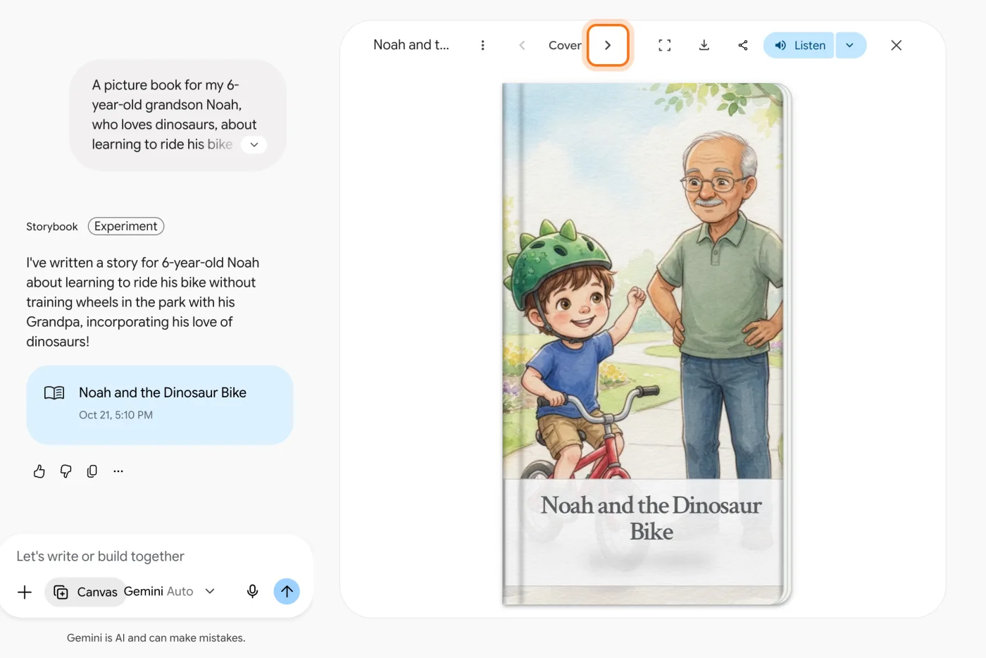 The book open next to the chat: the cover of Noah and the Dinosaur Bike in watercolor, a boy on a red bike in a green dinosaur helmet and his grandfather. At the top of the book: the title, Cover, the arrow to the next page (marked), full screen, download, share and Listen.