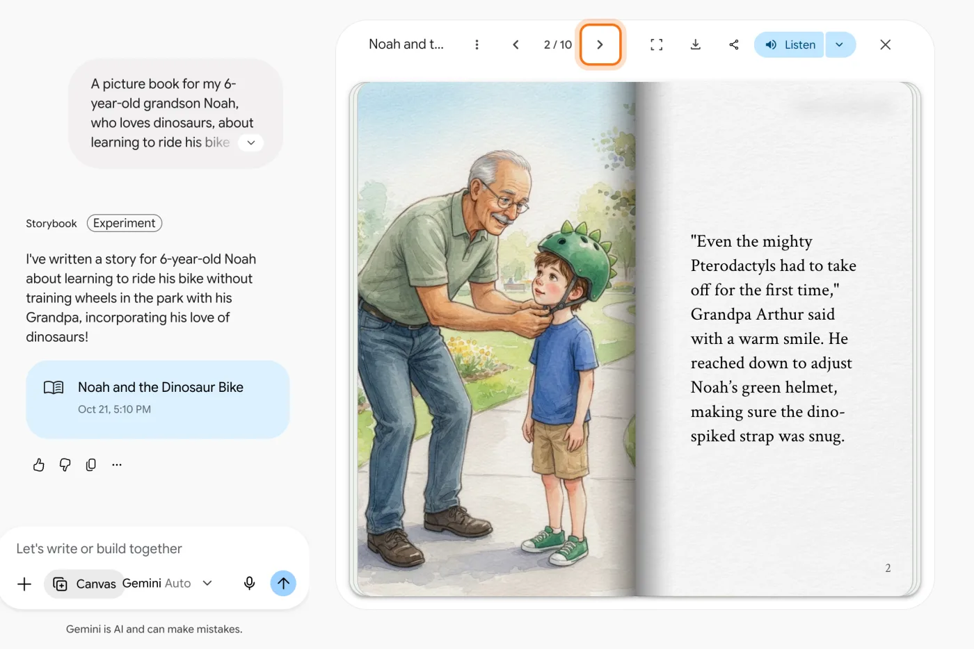 Page 2 of 10: Grandpa Arthur fastening Noah's green dinosaur helmet in the park, and the story's text on the right page. The arrow to the next page is marked.