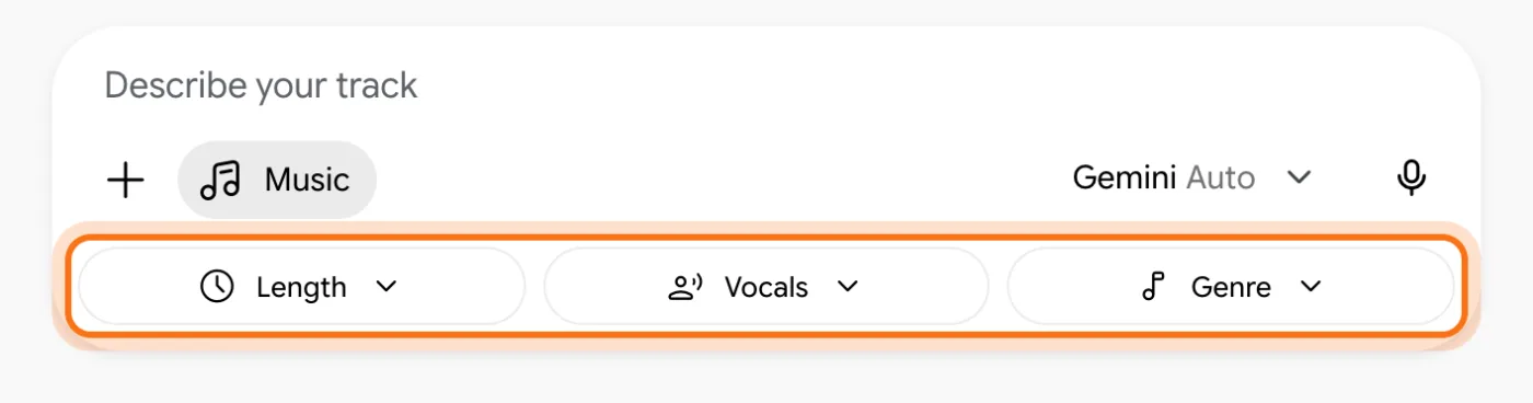 El cuadro de mensaje de Gemini en modo música: Describe your track, la etiqueta Music y los tres menús Length, Vocals y Genre, marcados.