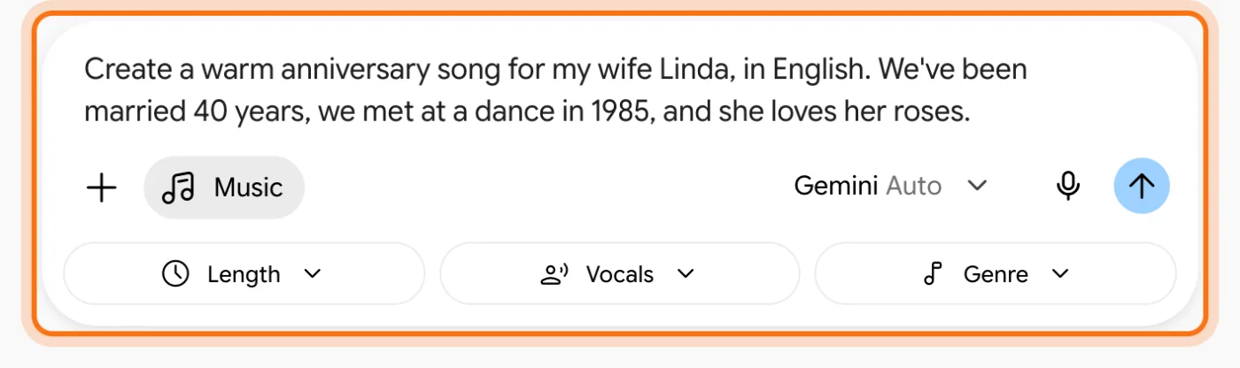 La petición escrita en el cuadro de música, marcada: Create a warm anniversary song for my wife Linda, in English. We've been married 40 years, we met at a dance in 1985, and she loves her roses.
