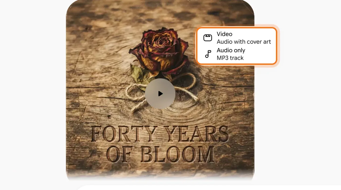 El reproductor de la canción con el menú de descarga abierto, marcado: Video, Audio with cover art, y Audio only, MP3 track.