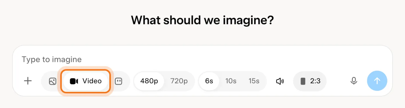 Grok Imagine's box with the "Video" button marked, under "What should we imagine?".