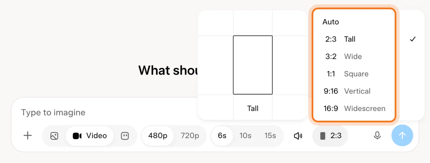 Grok's shape list open: Auto, 2:3 Tall, 3:2 Wide, 1:1 Square, 9:16 Vertical and 16:9 Widescreen, marked.