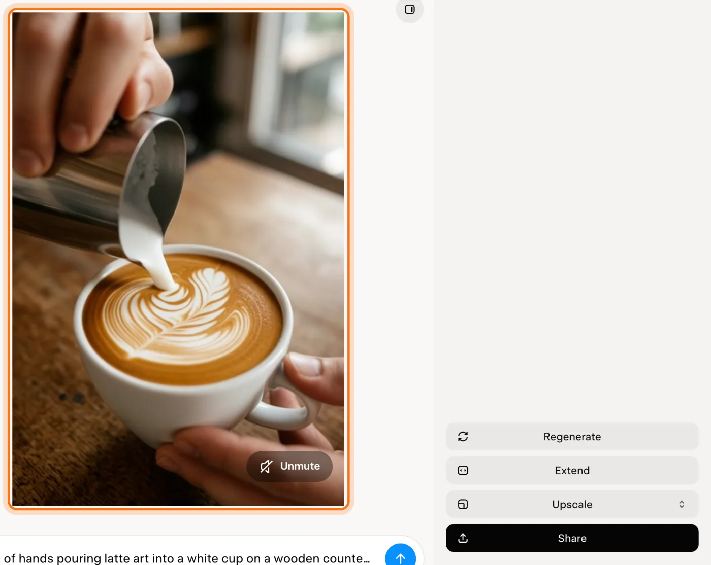 The finished latte art clip in Grok, marked, with Regenerate, Extend, Upscale and Share beside it.